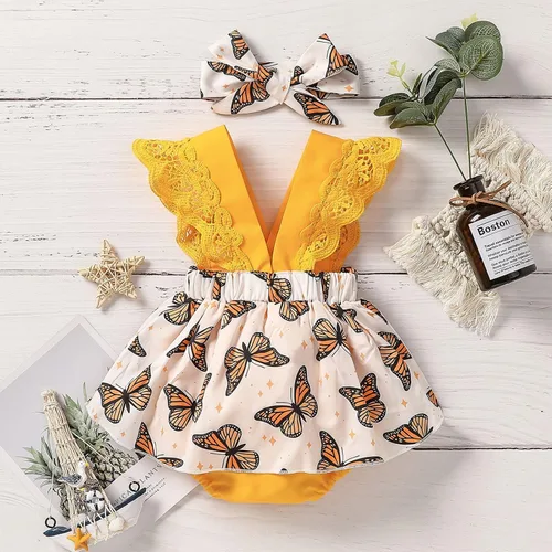 Vista 3 de Mameluco con estampado de manga mosca de encaje para niñas recién nacidas, conjunto de diadema para baile 2t (amarillo, 0-3 meses)