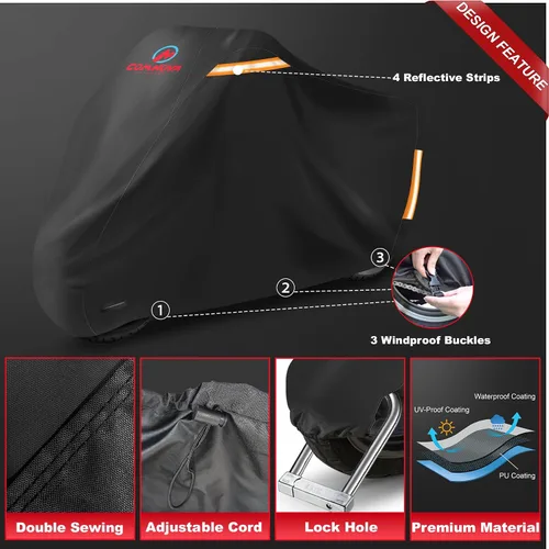 Vista 4 de Comnova - Funda para motocicleta de 81 pulgadas, 600D, impermeable, con orificio de bloqueo, ajuste universal para Harley, Honda, Kawasaki