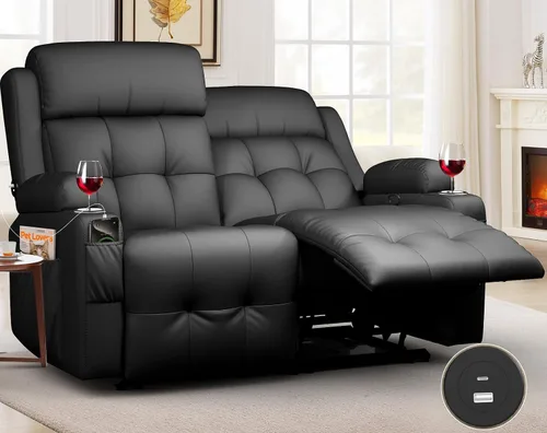 Vista 20 de Sofá reclinable manual de dos plazas, sofá reclinable de pared con masaje, puertos USB y tipo C, almacenamiento, portavasos, sofá RV para sala