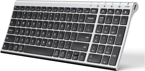 Vista 11 de iClever BK10 Teclado Bluetooth, teclado inalámbrico universal, teclado USB C recargable Bluetooth 5.1 multidispositivo con teclado numérico Púrpura