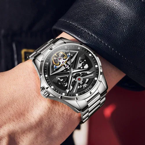 Vista 4 de OLEVS Watches for Men Skeleton Automatic Mechanical Watches Self Winding Waterproof Dress Mens Watches Fashion Business Luminous Male Wrist Watches