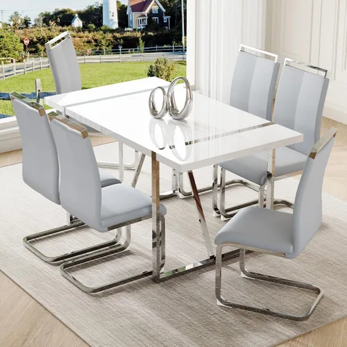 Vista 18 de Conjunto de mesa de comedor blanco Ebullient para 4, mesa rectangular de MDF y sillas de comedor de cuero sintético negro, juego de mesa de comedor