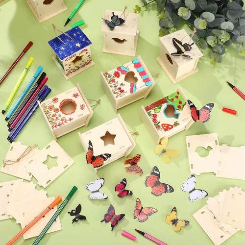 Vista 6 de Outus Kit de 24 piezas de casa de pájaros de madera para que los niños construyan, kit de casa de pájaros de 4 formas de madera sin terminar