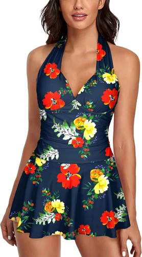 Vista 11 de Omichic Traje de baño tankini halter de dos piezas para mujer, con control de abdomen, cuello en V, con pantalones cortos Negro