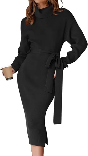 Vista 42 de ZESICA - Vestido por debajo de la rodilla de suéter, de cuello alto, para mujer, de manga larga, de punto acanalado, con abertura y cinturón