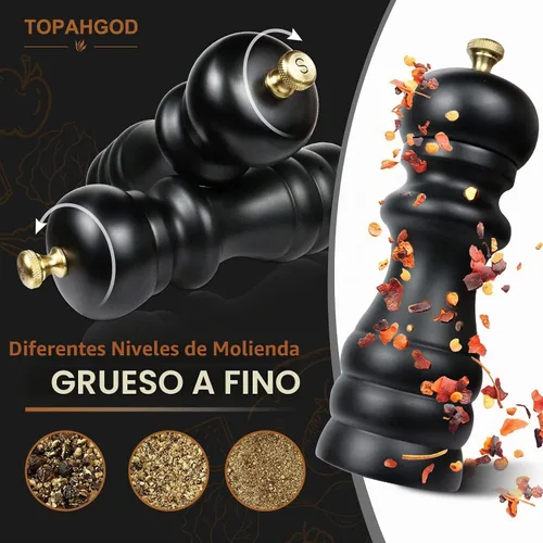 Vista 3 de Juego de 2 molinillos de sal y pimienta, molinillo de pimienta manual y molinillo de sal con rotor de cerámica ajustable y junta de acero Negro