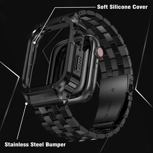 Vista 5 de Correa y funda de acero inoxidable compatible con Apple Watch Band 1.496 Negro