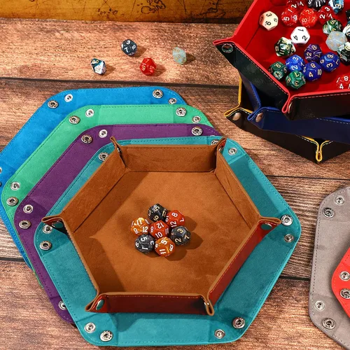 Vista 7 de 12 bandejas de dados a granel para rodar, portátil, plegable, hexagonal, bandeja fuerte, portátil, de piel sintética, terciopelo para juegos como