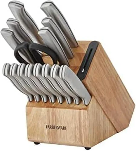 Vista 10 de Farberware EdgeKeeper - Juego de cuchillos de cocina de acero inoxidable estampado con bloque autoafilable, asas ergonómicas, se recomienda lavar a