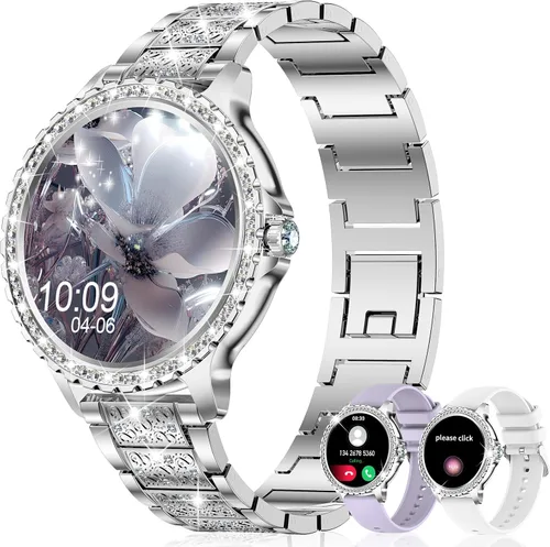 Vista 10 de Relojes Inteligentes para Mujeres (Hacer/Contestar Llamadas) con Diamante: 1.32" Reloj Rastreador de Fitness para FC/Presión Arterial/SpO2/Monitor