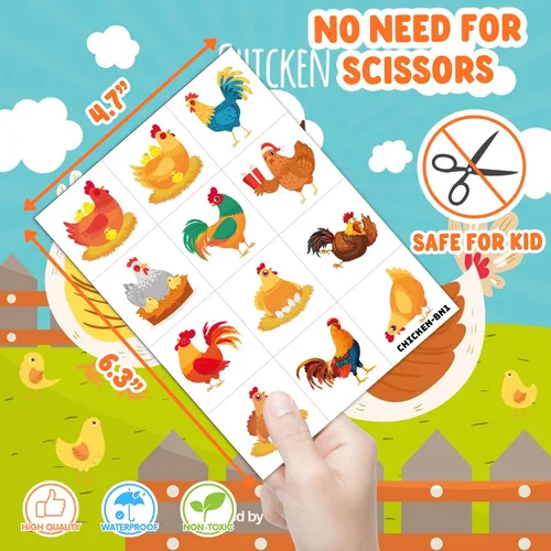 Vista 5 de 80 tatuajes temporales de pollo para niños, recuerdos de fiesta de cumpleaños de animales de granja, bonitos suministros temáticos de granero