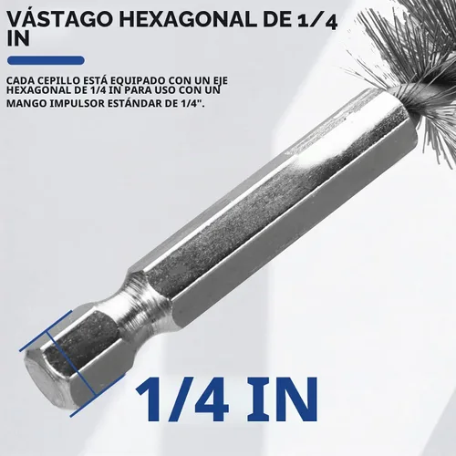 Vista 3 de 6 piezas cepillos de calibre de acero inoxidable en diferentes tamaños, cepillo de limpieza de alambre trenzado con mango, vástago hexagonal de 1/4