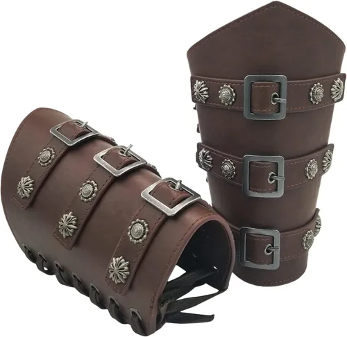 Vista 5 de Brazaletes medievales con hebilla, cinturón de cuero para adultos, pulsera de guantelete vikingo, armadura de brazo, armadura punk, gótico, disfraz