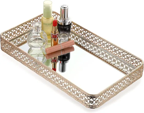 Vista 10 de ELLDOO - Bandeja negra para perfumes y maquillaje, bandeja de joyería con talla hueca, organizador de vidrio y metal para baratijas para cómoda