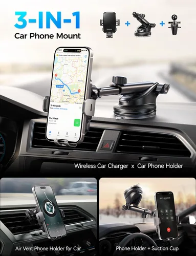 Vista 2 de Cargador inalámbrico de coche con soporte para teléfono, soporte de teléfono de carga rápida de 15 W, soporte de teléfono con abrazadera automática