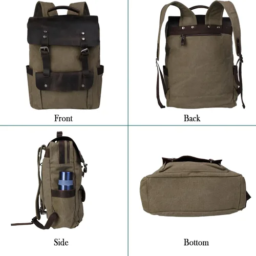 Vista 4 de Mochila de lona vintage con cuero de vaca de grano superior, bolsa de trabajo para portátiles de 16 pulgadas, Verde militar, Mochilas de viaje