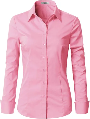 Vista 8 de EZEN - Blusa de manga larga, ajustada, elástica, con cuello de botones para mujer, para oficina, estilo formal, casual