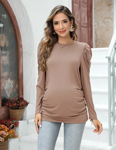 Vista 3 de Camisas de maternidad para mujer, cuello cuadrado, manga larga abombada, linda, casual, blusas, ropa de otoño Albaricoque