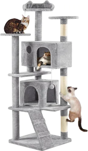 Vista 25 de Yaheetech - Torre de árbol para gatos de 62 pulgadas, torre para gatitos de interior, muebles para mascotas con doble refugio, postes para rascar
