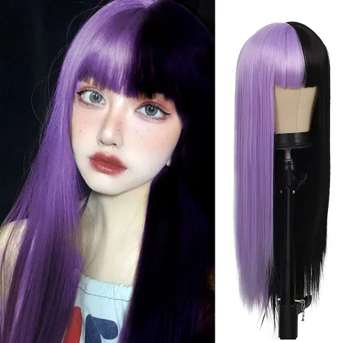 Vista 12 de Kaneles Peluca rizada de color rojo degradado, pelucas de cabello largo ondulado para mujer, pelucas de fibra sintética negra y roja para fiesta