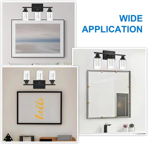 Vista 7 de MELUCEE Lámparas de tocador de baño, 3 luces LED sobre espejo, 3000 K-6000 K, moderna luz negra para baño con pantalla de cristal de burbujas, chips