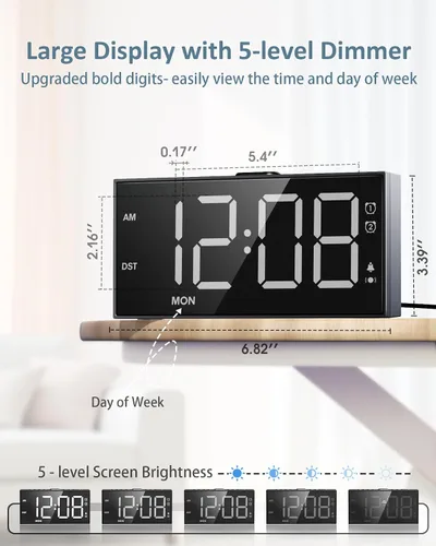 Vista 4 de Reloj despertador ruidoso para personas que duermen con vibración con agitador de cama de 10000 RPM, pantalla LED de 7.5 pulgadas, modo día/fin