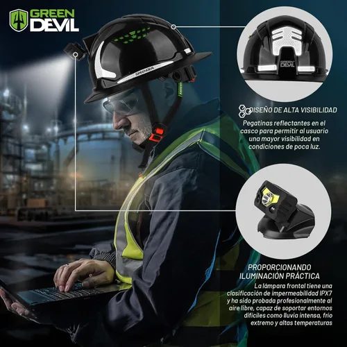 Vista 3 de GREEN DEVIL Casco de Construcción Matrix de ala completa con luz frontal, Casco de seguridad ventilado aprobado por OSHA para trabajos de Negro