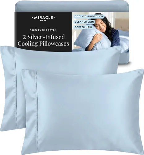 Vista 2 de Miracle Made Juego de fundas de almohada de algodón suave y transpirable, 2 piezas, con tratamiento plateado, fundas frescas al tacto para una