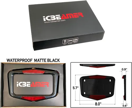 Vista 2 de ICBEAMER Marco de matrícula de motocicleta impermeable de ajuste universal para la mayoría con 6+ LED intermitentes de cola + luz de freno