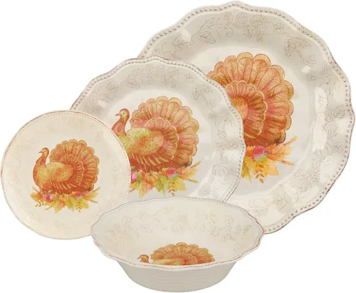 Vista 2 de UP ware - Juego de vajilla de melamina de pavo con purpurina de 16 piezas, juego de platos para exteriores, juegos de platos y cuencos, decoraciones
