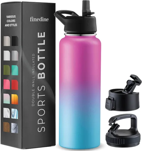 Vista 37 de FineDine Botellas de agua aisladas de triple pared con popote, botella de metal de acero inoxidable de 25 onzas con 3 tapas a prueba de fugas