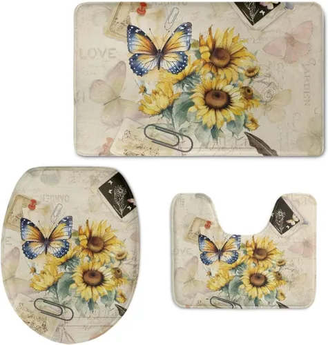 Vista 8 de UNICEU Alfombras de baño de 3 piezas, diseño de margaritas hippie, girasol, suave, absorbente, alfombrilla de baño + alfombrilla de contorno