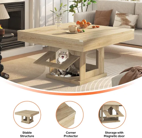 Vista 3 de [Usado] knoworld Mesa de centro cuadrada, mesa de centro de madera con almacenamiento y casa para gatos, mesa de cóctel para sala de estar, mesa