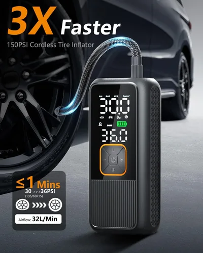 Vista 4 de Inflador de neumáticos, compresor de aire portátil, bomba de aire recargable de 150 PSI con manómetro digital y luz LED, bomba de neumáticos