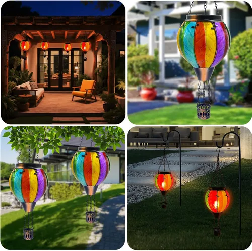 Vista 8 de Linterna solar colorida con globo de aire caliente con luz de llama parpadeante, faroles solares colgantes de vidrio, faroles solares