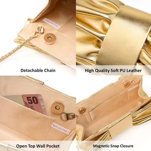 Vista 6 de Elegante bolso de mano con lazo para mujer, suave y plisado, bolsa de noche de poliuretano con cadena desmontable para fiesta de graduación, boda