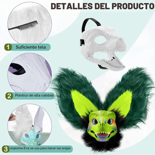 Vista 3 de Seenelling Kit de 13 piezas de máscara de dinosaurio DIY, máscara de dinosaurio de plástico duro, kit de disfraz de dinosaurio peludo Therian