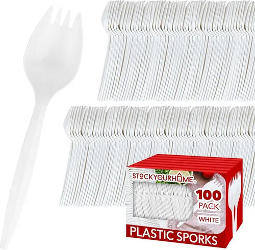Vista 8 de Sporks desechables (paquete de 50) tenedores de plástico blanco, sin BPA, seguros para niños, utensilios 2 en 1, cuchara de tenedor de peso pesado