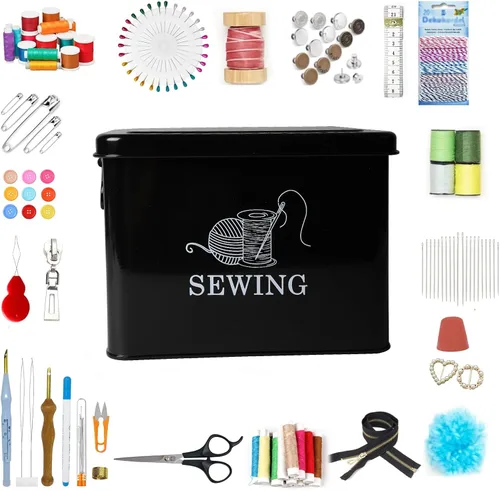 Vista 6 de Cesta de costura de metal de 2 niveles con bandeja extraíble, organiza suministros de costura, tijeras, hilo, alfileres y clips con estilo (negro)