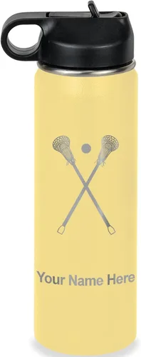 Vista 23 de LaserGram Botella de agua personalizada, palitos de lacrosse, acero inoxidable de doble pared aislada al vacío con popote superior, regalo grabado