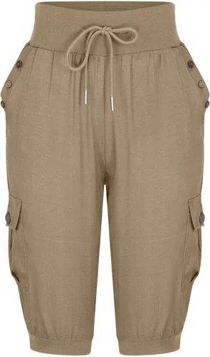 Vista 4 de Uillui Pantalones capri de algodón y lino para mujer, ligeros, holgados, pantalones deportivos de carga con cintura elástica, pantalones deportivos