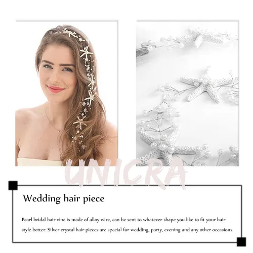 Vista 4 de Unicra Diadema de novia con estrella de mar, diadema de vid y perlas, accesorios para el cabello de boda en la playa, accesorios para el cabello
