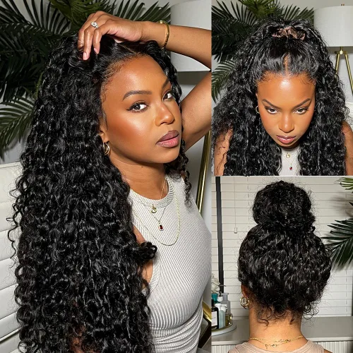 Vista 25 de Pelucas de cabello humano ondulado con encaje frontal 360 con correa oculta, nudos blanqueados, sin pegamento, previamente despuntadas, precortadas