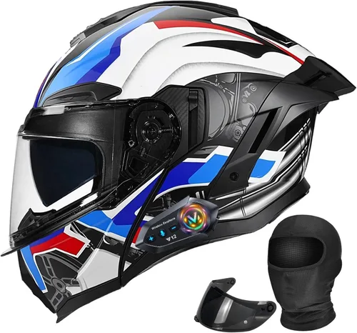 Vista 14 de Casco modular de motocicleta Bluetooth con doble visera antivaho multiventilación, diseño de cara completa, certificado ECE 22.06, forro extraíble G