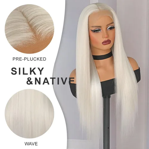 Vista 6 de Lovestory Peluca de encaje frontal larga y recta color blanco platino, predepilada, rubio platino, pelucas de encaje frontal sintético para mujeres