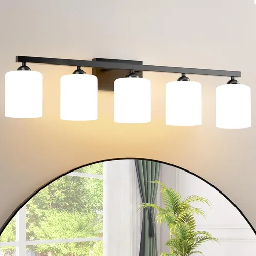 Vista 10 de Quntis Lámparas de baño de níquel cepillado con 5 modos de color, lámpara de tocador de baño moderna regulable de 3 luces sobre espejo, lámpara