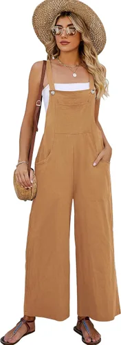 Vista 6 de Flygo Overol con pechera de algodón para mujer, ajuste holgado, pierna ancha, overol casual con bolsillos Negro
