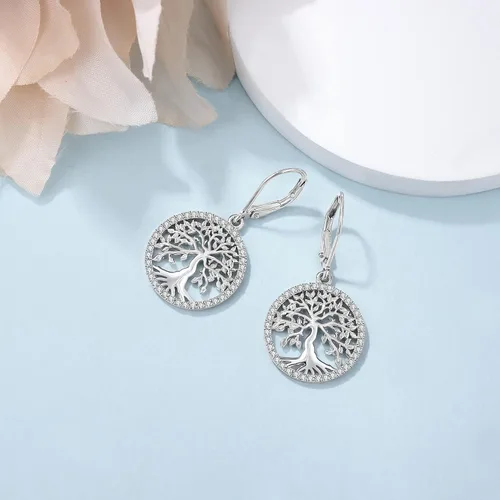 Vista 4 de Aniu Aretes colgantes de árbol de la vida, flor, turquesa, ópalo azul, malaquita, ágata musgo, lágrima, para mujer, plata de ley, aniversario