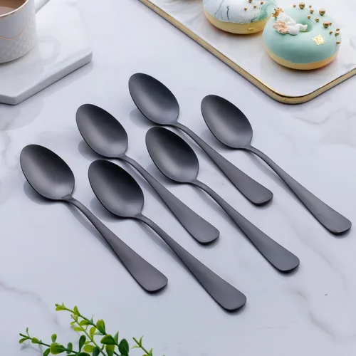 Vista 2 de Cuchara de postre negra mate, juego de cuchara de café y te con acabado satinado de acero inoxidable GoGeiLi de 6.8 pulgadas, servicio para 6, apta