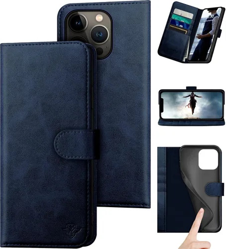 Vista 13 de DuckSky Funda tipo cartera de piel auténtica para iPhone 14 Pro Max de 6.7 pulgadas. Bloqueo RFID. 4 tarjeteros de crédito. 【Cuero auténtico】 Funda